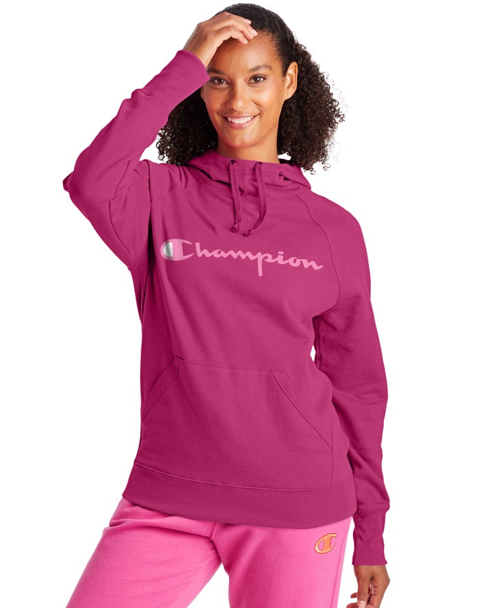 Champion Dame Hættetrøje Lyserød - Powerblend Fleece Script Logo - Danmark KQT-210546